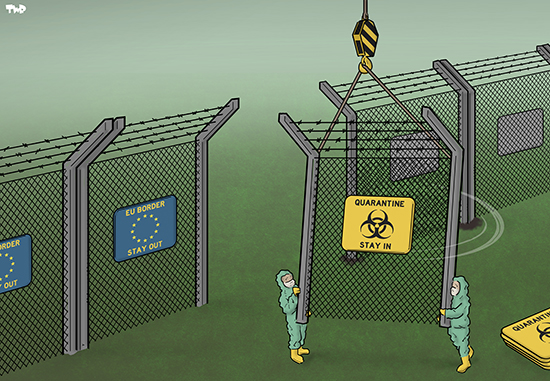 Caricature frontière UE covid 19